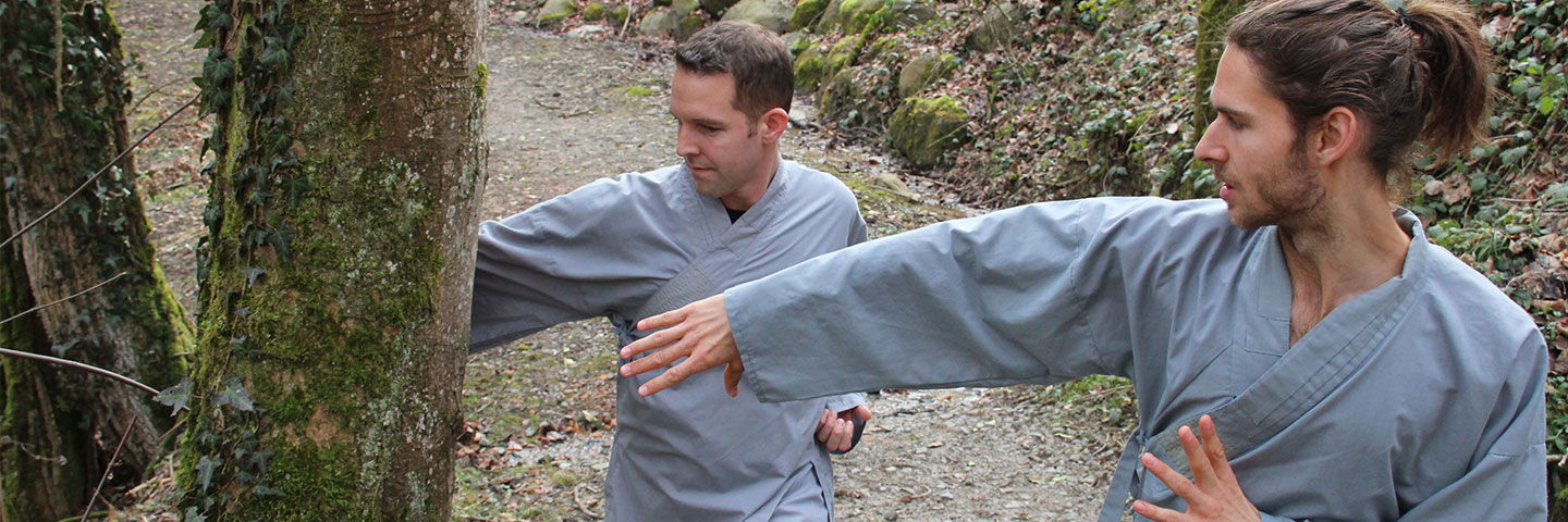 Kung Fu Praktizierende machen Abhärtungsübungen an einem Baum. Instruktor Dominik Pfyffer gibt Anweisungen.