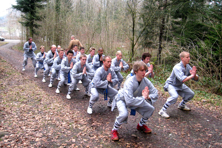 Teilnehmer des Seminars Stunden der Shaolin des Shaolin Chan Tempels Luzern - Schweiz machen anstrengende Übungen in einem Waldstück.